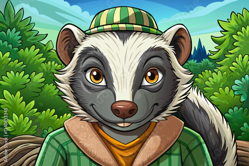 skunk portrait with fashion wear in green forest background cartoon	