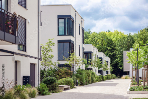 Residential Apartment Building Landscaping. New Houses Modern Home Complex with Green Landscape Design in Germany Eco City.