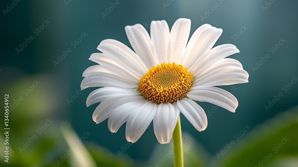 Fototapeta premium White flower with yellow centers sits in a green background. The flower is the main focus of the image, and it is in full bloom. The bright colors of the flower
