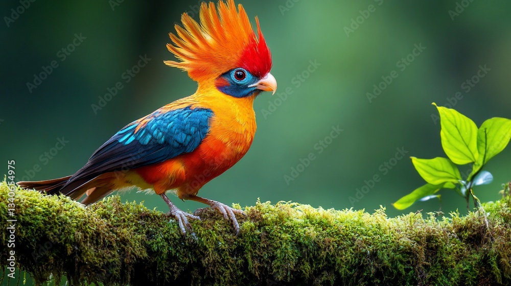 A vibrant bird with a colorful plumage perched on a mossy branch in a lush environment. A vibrant bird with a colorful plumage perched on a mossy branch in a lush environment.