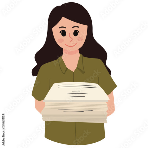 woman holding a pile of paper illustration