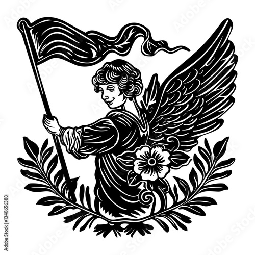 Angel holding flag illustration vintage design vector