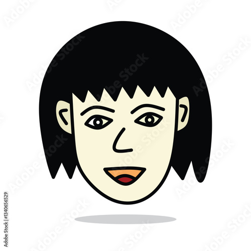 Minimalist Illustration of a Smiling Woman with Black Hair and Happy Expression