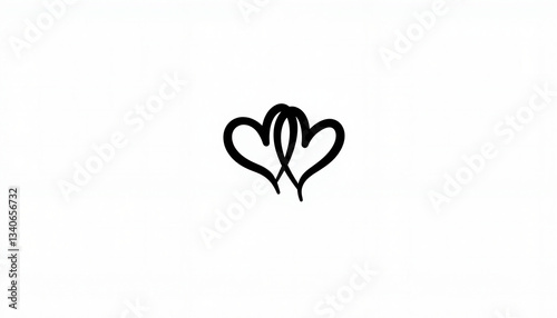 Minimalist black silhouette of entwined hearts on white background, love