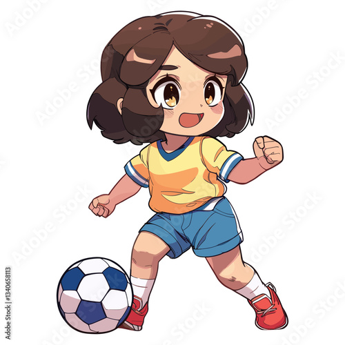 Female kid playing football illustration cartoon soccer vector