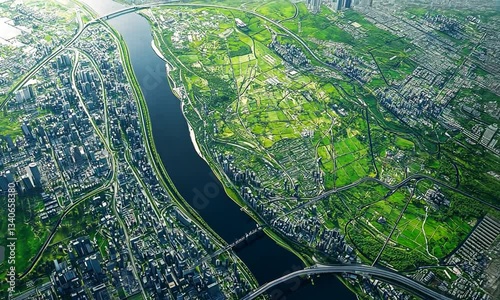 An aerial view showcasing a vibrant landscape with a river, urban development, and lush green fields, illustrating the harmony between nature and city life.mp4