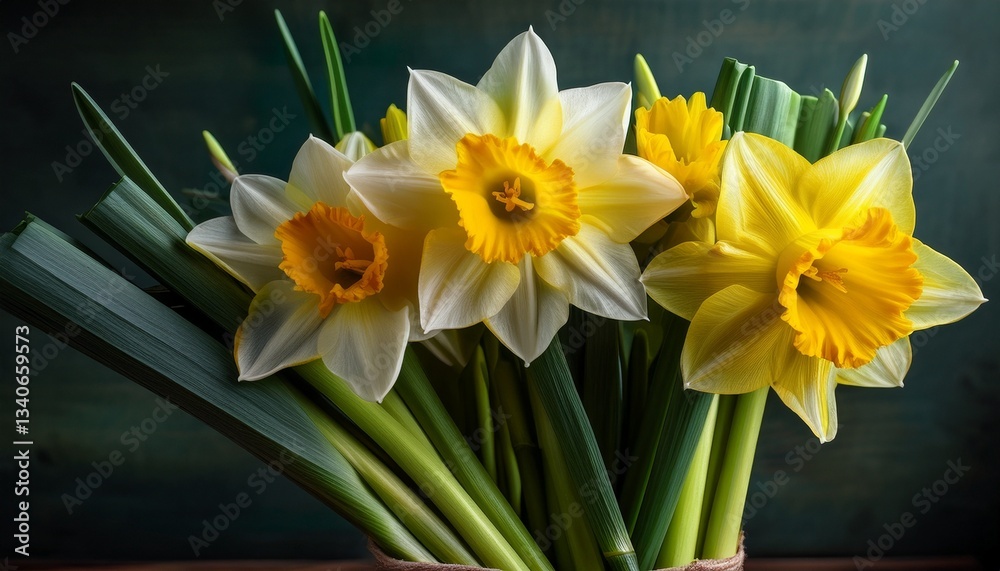 Fototapeta premium vibrant daffodils and leeks bouquet