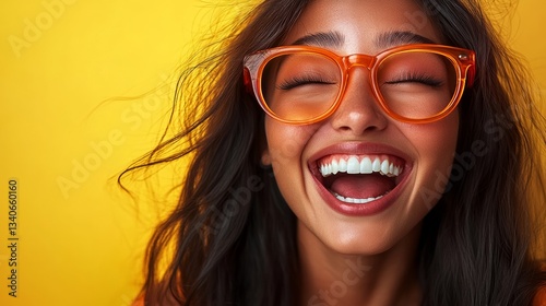 Woman with long black hair and orange glasses is smiling and laughing. She has a bright yellow background