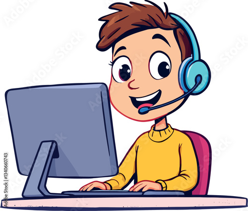Vsai young boy using headset and desktop computer is enjoying online learning