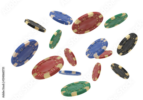 Colorful casino chips flying in the air. isolated on white or transparent png background