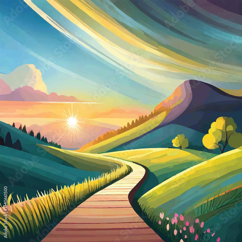 Landscape scenery view, road to snow mountaines, green meadow, f