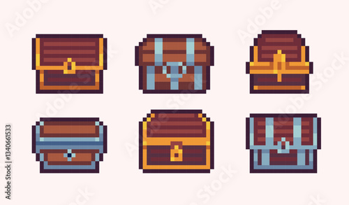 Wooden chest pixel art set. Treasure box collection. 8 bit sprite. Game development, mobile app. Isolated vector illustration.