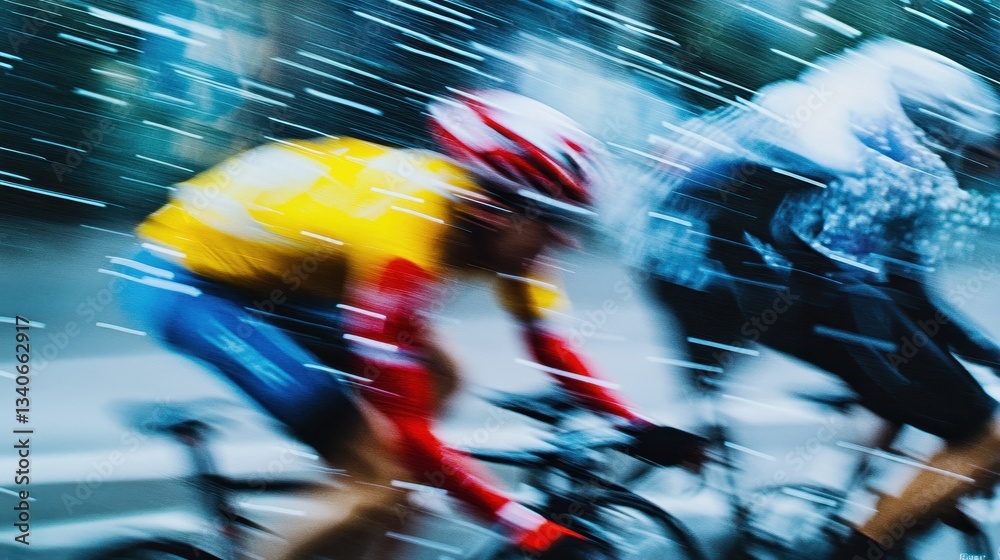 Obraz premium Cyclists racing in the rain, vibrant motion blur, adrenaline, sports competition, fitness challenge, active lifestyle, international cycling events.