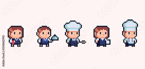 Restaurant staff chibi human figures pixel art set. Adorable kawaii chef, server and waiter collection. 8 bit. Game development, mobile app. Isolated vector illustration.