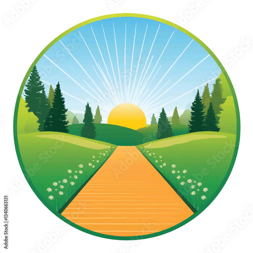 Landscape scenery view, road to snow mountaines, green meadow, f
