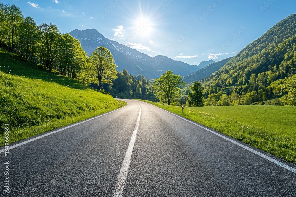 Fototapeta premium Scenic Mountain Road with Lush Green Grass and Bright Blue Sky in Daylight