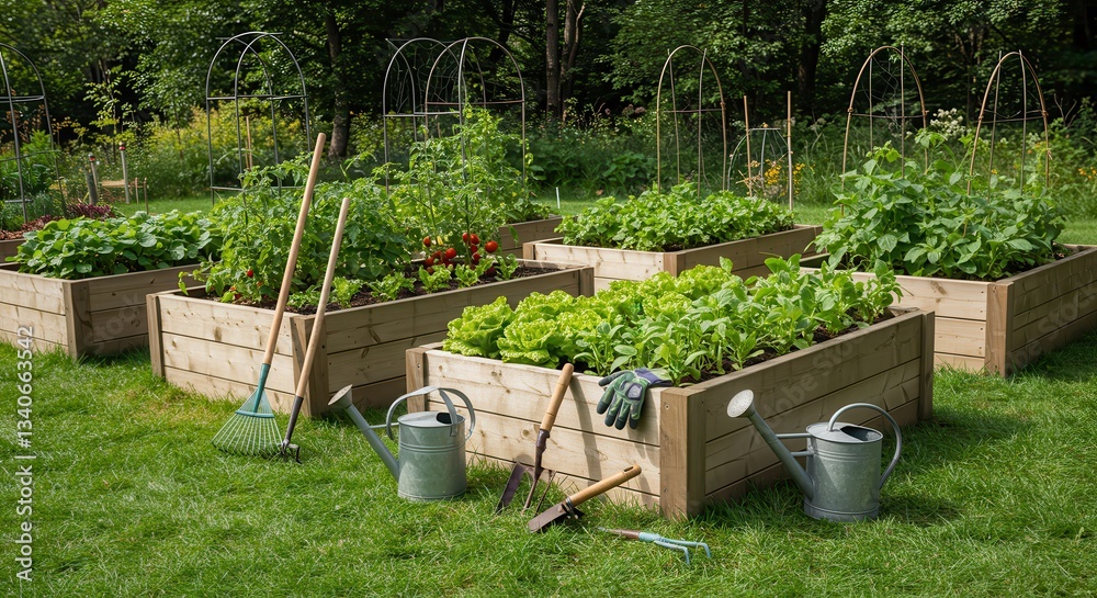 Raised Garden Beds with Vegetables and Gardening Tools on Green Lawn Raised Garden Beds with Vegetables and Gardening Tools on Green Lawn