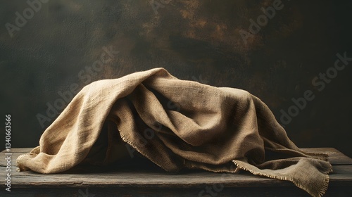 Burlap fabric elegantly drapes over an unseen object on wood