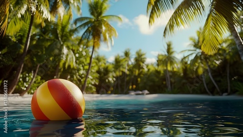 A colorful beach ball floats in clear water with palm trees and tropical scenery in the background. Concept Tropical Paradise, Summer Vibes, Beach Fun, Vibrant Colors, Clear Water