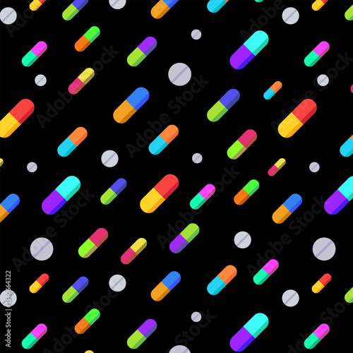 Seamless pattern of colorful pills and medicine capsules on black.