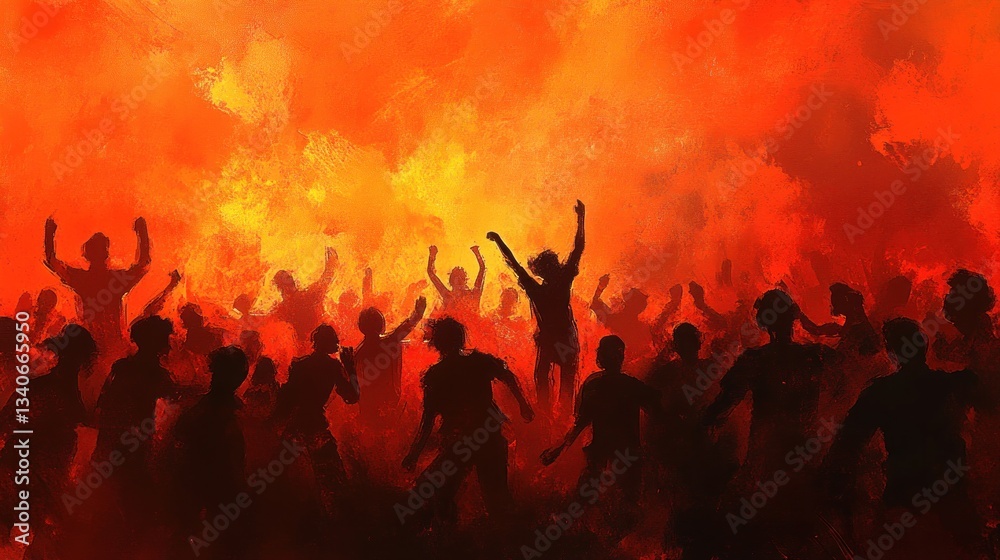 Inferno: A fiery crowd engulfed in passionate energy. Inferno: A fiery crowd engulfed in passionate energy.