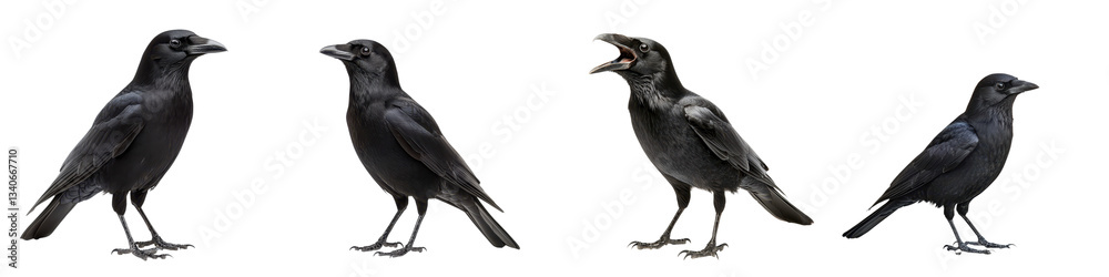 Obraz premium Four black crows or ravens perched together on a plain white background showcasing their distinctive feathers beaks and profiles