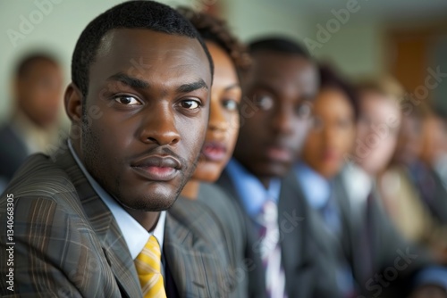 Photo of a range of disengaged business professionals appearing uninterested during a presentation in a classroom environment.