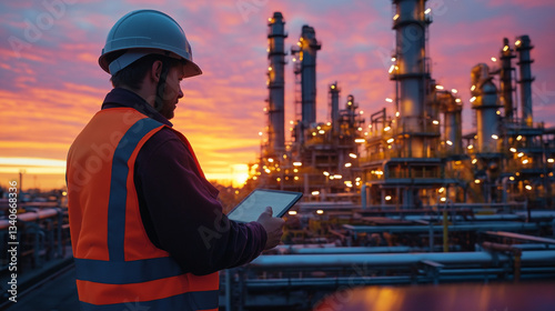 Oil worker reviewing data on a tablet in front of an oil refinery at sunset. AI Generated Images photo