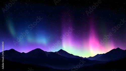 A stunning night sky filled with colorful auroras above dark mountain silhouettes, creating a breathtaking natural scene. Concept Auroras Display, Night Sky Photography, Mountain Silhouettes