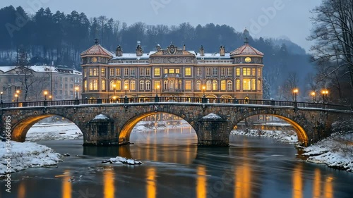 Enchanted Winter Palace: A Snow-Covered Bridge and River Reflecting a Majestic Building