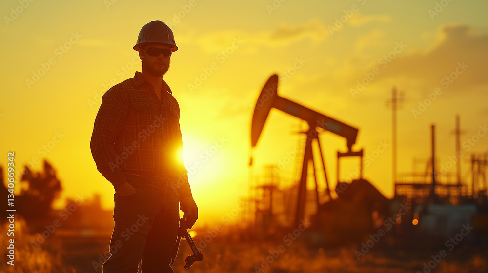 Oil workers walking towards an oil pump in a sunset landscape. AI Generated Images Oil workers walking towards an oil pump in a sunset landscape. AI Generated Images