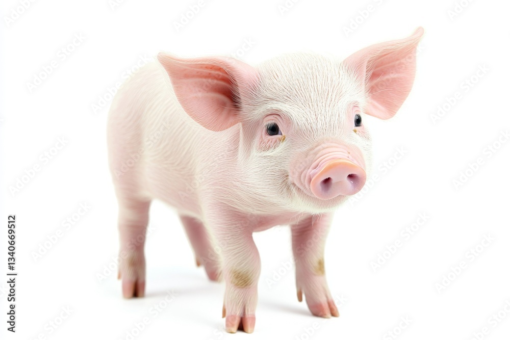 Cute piglet standing on white background looking curiously at the camera while exploring its surroundings Cute piglet standing on white background looking curiously at the camera while exploring its surroundings