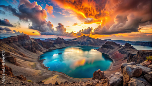 Breathtaking landscape featuring serene lake surrounded by mountains, with vibrant sunset illuminating sky. scene captures beauty of nature colors and reflections