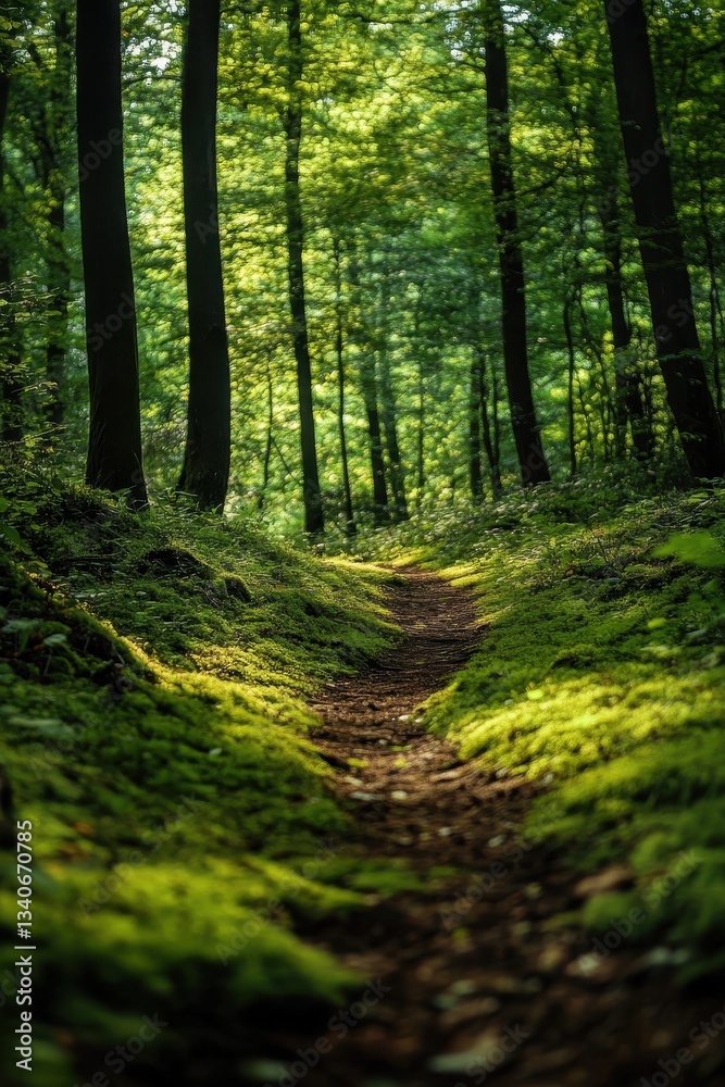 Fototapeta premium Forest pathway through lush green moss, serene nature landscape, sunlight filtering through trees, Earth Day, hiking adventure, outdoor exploration, tranquility.