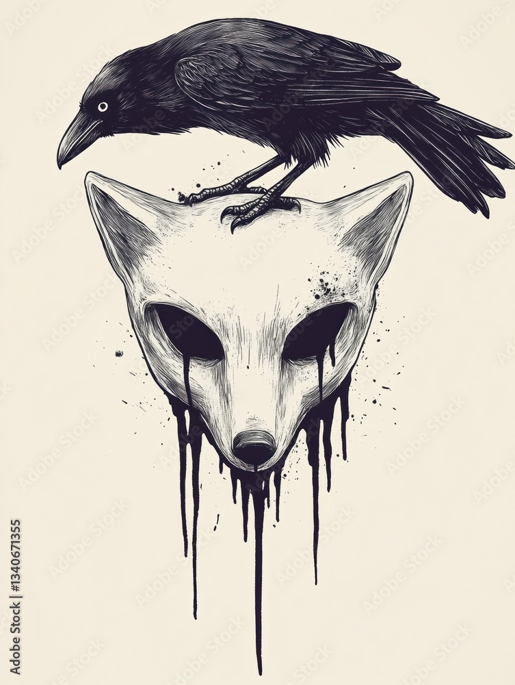 Black and white ink illustration of a fox with a tribal mask and a raven perched on its head, hand-drawn tattoo concept