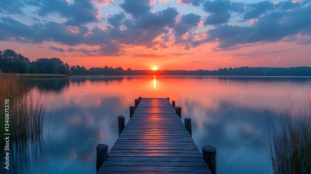 Fototapeta premium Serene Sunset Over a Tranquil Lake with Vibrant Reflections on the Water's Surface – Generative AI
