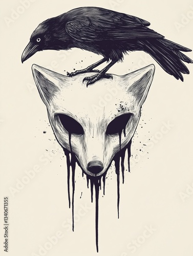Black and white ink illustration of a fox with a tribal mask and a raven perched on its head, hand-drawn tattoo concept