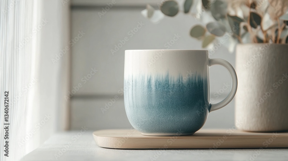 White ceramic mug with a blue gradient design on it. the mug is placed on a wooden coaster on a window sill. next to the mug, there is a vase with dried eucalyptus leaves. White ceramic mug with a blue gradient design on it. the mug is placed on a wooden coaster on a window sill. next to the mug, there is a vase with dried eucalyptus leaves.