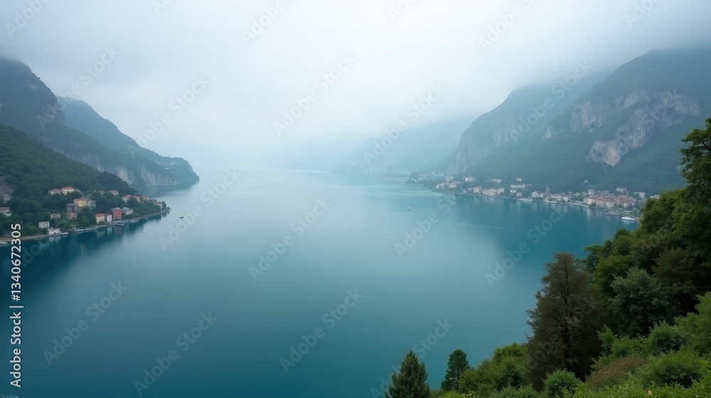 Obraz premium A panoramic view of Lake Garda in Italy at midday, shrouded in fog. The hazy landscape and still waters offer a peaceful and atmospheric scene in this high-quality professional photo.