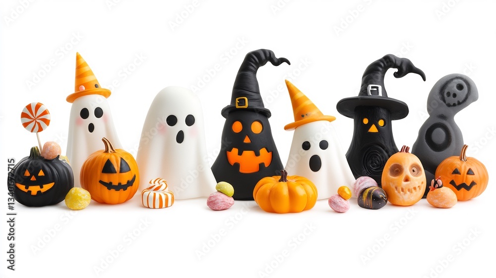 Obraz premium Playful Halloween clipart cartoon ghosts witches hats and candy treats for fun festive designs