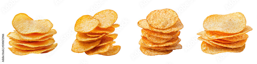 A delectable arrangement of golden crispy potato chips stacked in a tempting display offering a satisfying savory snack option A delectable arrangement of golden crispy potato chips stacked in a tempting display offering a satisfying savory snack option