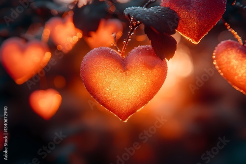 Romantic Heart Decorations in Warm Sunset Glow, Perfect for Valentine's Day Design