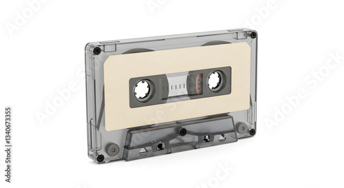 Smoked-Grey Cassette Tape with Off-White Label, Isolated on White Background