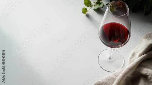 Glass of red wine on a white background. the glass is filled with a deep red liquid, likely red wine, and is placed on a beige cloth napkin.