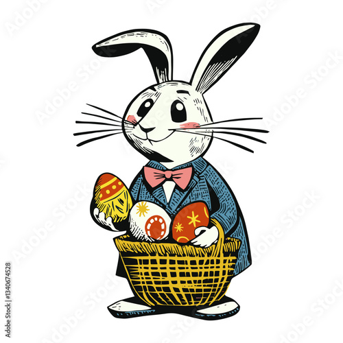Linocut tiny white rabbit basket eggs illustration vector