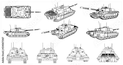 Vehicle Tank Vector images are produced from the auto tracing process. View from side, front, back, top, Perspective