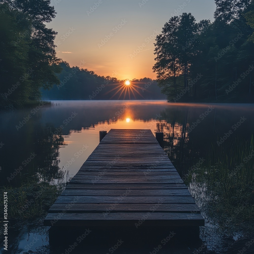 Fototapeta premium A peaceful sunrise over a tranquil lake, symbolizing hope, renewal, and a fresh start in life.
