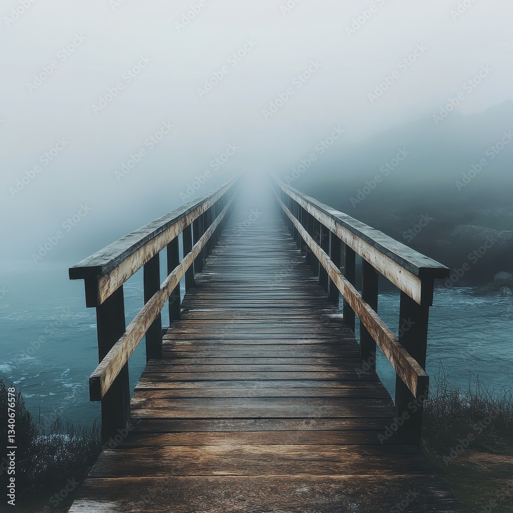 Fototapeta premium A wooden bridge leading into the mist, symbolizing uncertainty, new beginnings, and self-discovery.