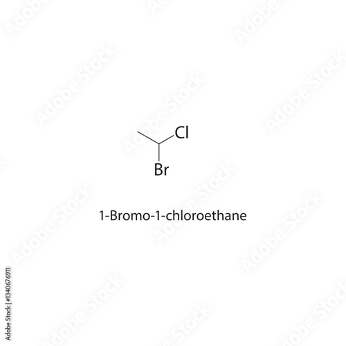 1-Bromo-1-chloroethane skeletal structure. Brominated Halomethane compound schematic illustration. Simple diagram, chemical formula.
