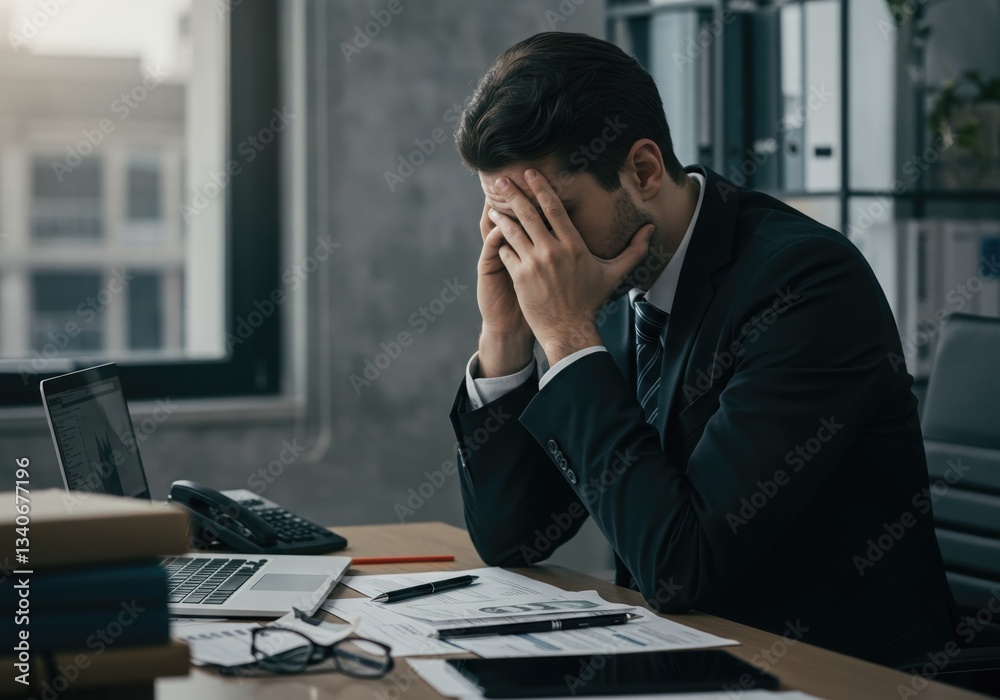 Stressed businessman overwhelmed by workload at office desk, seeking solutions. Stressed businessman overwhelmed by workload at office desk, seeking solutions.